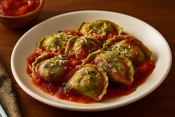 Delicious homemade ravioli covered in rich tomato sauce.