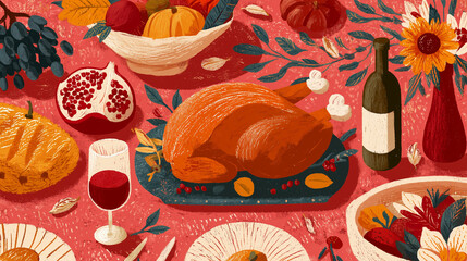 Festive Thanksgiving illustration featuring roasted turkey, fruits, pies, wine, and warm decorative elements arranged on a colorful holiday table celebrating family, gratitude, and seasonal traditions