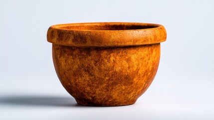 A rustic clay pot displayed against a light background, showcasing its textured surface and warm hues.