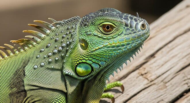 Close up of a green iguana showing detailed scales and eye resting on a branch