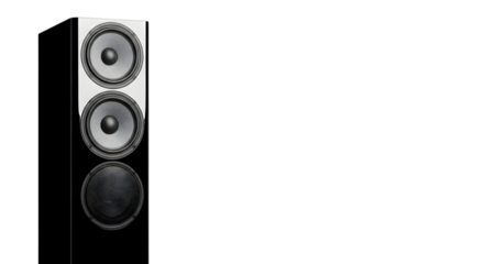 Tall black gloss speaker with white front panel and three drivers isolated on a transparent background