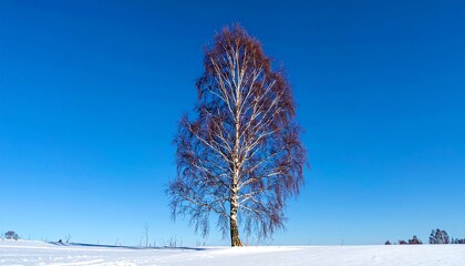 Solitary tree with leafless branches stands out against a bright blue sky over a snow-covered field