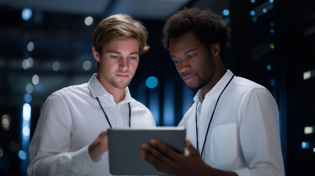 In a dimly lit server room glowing with blue LED light, a tech support crew maintains massive data servers, ensuring system reliability and cybersecurity. Technicians collaborate quietly, adjusting