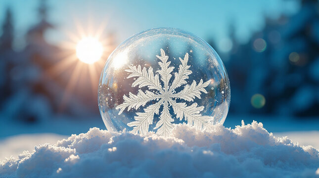 "Frozen Magic: Soap Bubble Freezing with Intricate Snowflakes Under Winter Sun"

