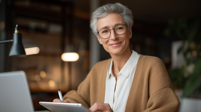 A senior learner attending a virtual seminar from home, smiling as they take notes on a digital notepad — active aging, cognitive growth, and the empowering impact of personal education at any age.