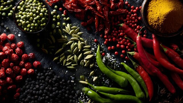 A vibrant array of aromatic spices and chili peppers on a dark background, showcasing rich colors and textures for culinary inspiration