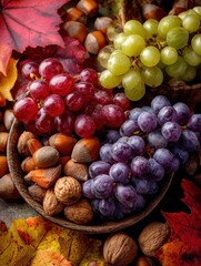 Fototapeta premium assortment of fruitsgrapes and nutsautumn fruitsautumn seasonal harvest no logos no brands ar 34