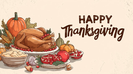 Traditional Thanksgiving turkey dinner illustration with vegetables, pumpkins, cranberry sauce and warm seasonal colors, accompanied by a festive “Happy Thanksgiving” message