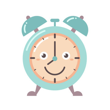 Charming pastel blue alarm clock with a cheerful face illustration for children