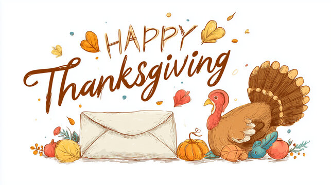 Warm Thanksgiving lettering surrounded by pumpkins, bread, vegetables and fall elements, creating a festive harvest-season message in a detailed hand-drawn style