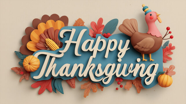 Bold Thanksgiving lettering framed by warm orange leaves and autumn elements, creating a festive seasonal message with rich colors and a welcoming holiday atmosphere