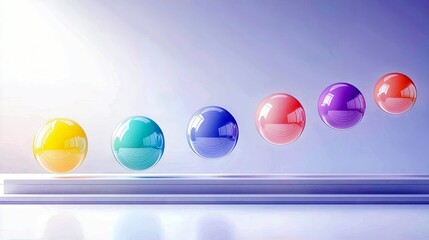 Six colorful, glossy spheres are arranged in a diagonal line, floating above a reflective surface with a light blue background.