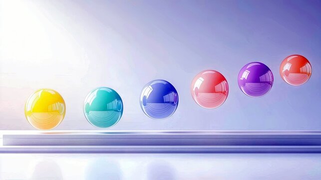Six colorful, glossy spheres are arranged in a diagonal line, floating above a reflective surface with a light blue background.