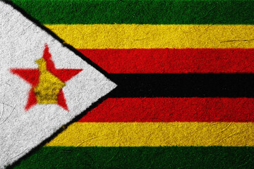 Fototapeta premium An artistic rendering presents the national flag featuring horizontal bands of green, gold, red, and black, alongside a white triangle and red star with the Zimbabwe Bird emblem.