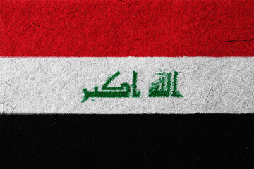 A textured rendition showcases the flag of Iraq, with its vibrant red, white, and black bands, and the green Arabic script symbolizing national identity and cultural heritage,