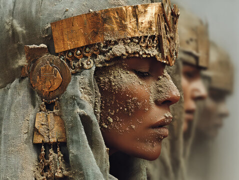 Profile of women wearing ancient golden headdresses and textured garments, evoking themes of lost civilizations, royalty, and historical mystery.
