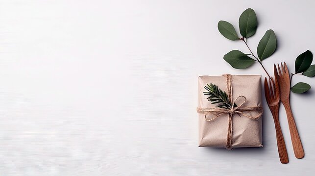 A simple gift wrapped in brown paper, tied with twine and adorned with a sprig of rosemary and eucalyptus leaves, sits next to two wooden forks on a white surfa