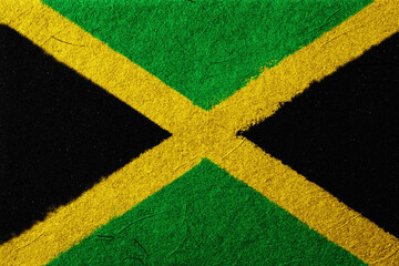 A textured background features the Jamaican flag, with its vibrant black, green, and gold colors arranged in a bold saltire pattern, evoking feelings of national pride and cultural