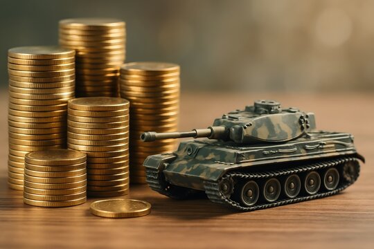 Stacks of coins facing military tank symbolizing war economy, defense budget, financial costs of conflict, and global military spending impact