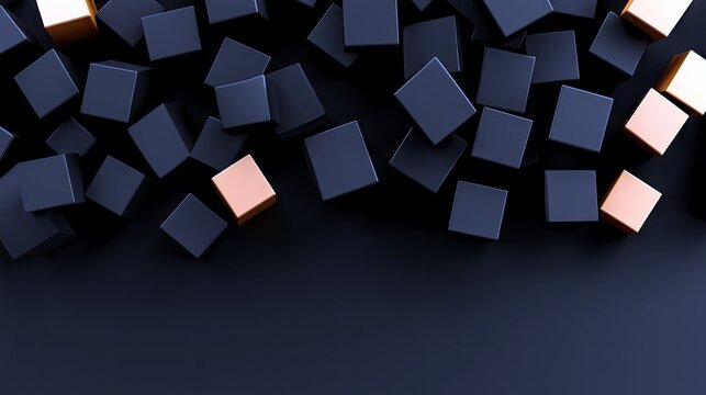 A pile of scattered dark blue and rose gold cubes are arranged on a dark surface.