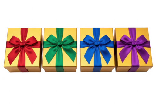 Four golden gift boxes with colorful ribbons isolated on transparent background