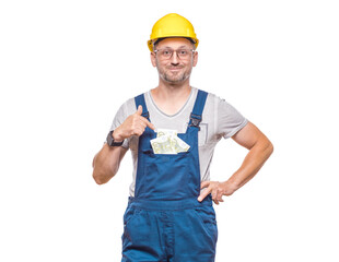 Portrait of young construction worker holds money, isolated on white background. Concept of dollars and banking. Studio shot