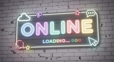 Neon Online Sign on Brick Wall Representing Digital Connectivity and Loading Process