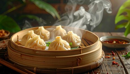 Steaming dumplings in bamboo steamer, on rustic wood, with greenery and sauce nearby