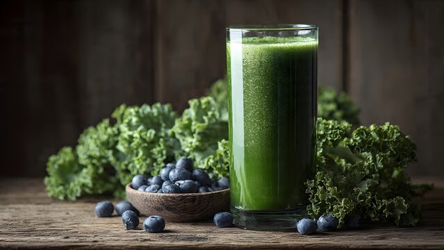 Vibrant Green Detox Smoothie with Fresh Kale and Antioxidant-Rich Blueberries