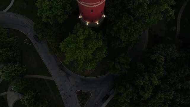 Aerial view of Eden Park's gazebo is surrounded by lush green trees and winding paths, Cincinnati, Ohio, United States.