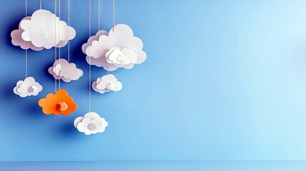 A collection of layered paper clouds, mostly white with one bright orange cloud, suspended against a solid blue backdrop.