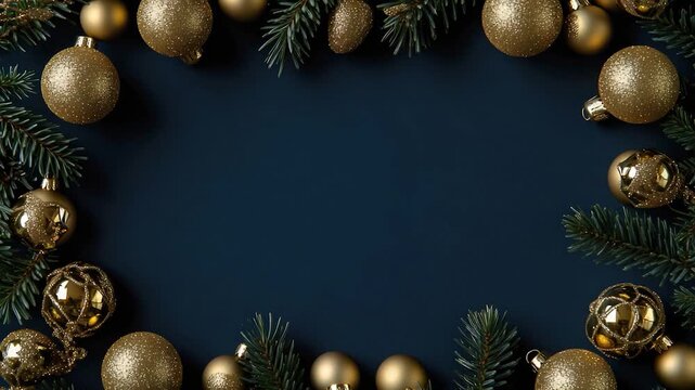 A golden Christmas wreath decorated with ornaments against a bright blue background, perfect for holiday season designs and decorations