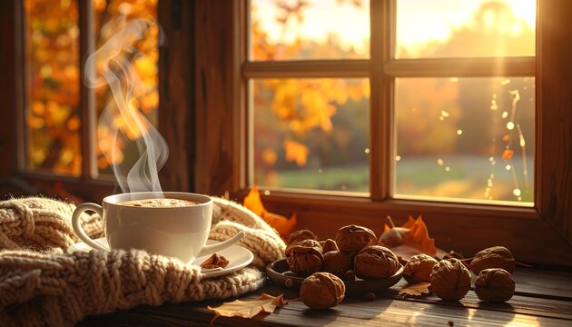 Steaming drink sits by a window showing fall foliage, on a cozy knit blanket with walnuts