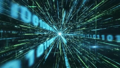 Abstract digital data tunnel with binary code flowing rapidly, representing high-speed information transfer and technological advancement. - Powered by Adobe