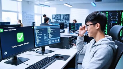 A tech professional works at a desk, with multiple screens displaying secure data transfer progress - Powered by Adobe