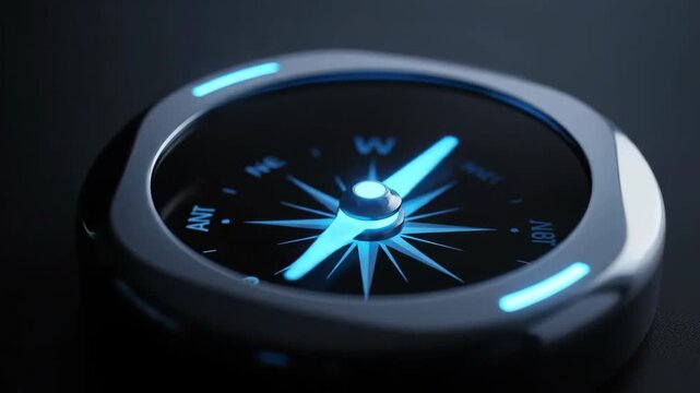 Futuristic illuminated compass with rotating needle on sleek surface