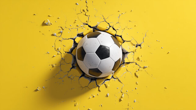 soccer ball smashing from a yellow wall, football coming from a yellow cracked wall