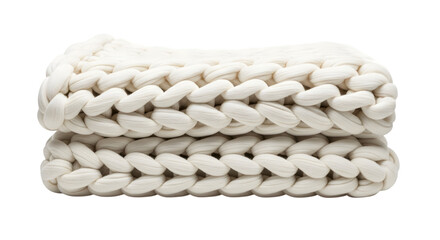 Thick chunky knit cream colored blanket folded in half showing braided texture isolated on a transparent background