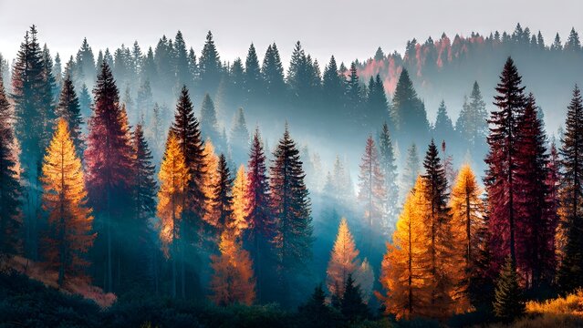 Golden Hues and Misty Veils in an Autumn Forest