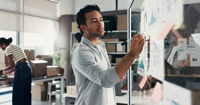 Businessman, writing or planning with tablet for logistics, supply chain or services on glass board. Man, distributor or supplier with technology or ideas for small business startup or distribution