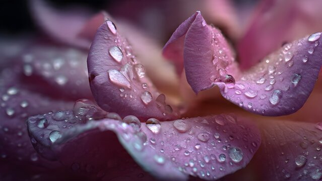 Vibrant pink petals adorned with sparkling water droplets, capturing the delicate beauty of a flower after rain - Powered by Adobe