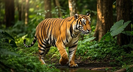 Obraz premium A tiger walking through a lush green forest with sunlight filtering through trees