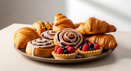 Assorted pastries and fruit tarts on plate