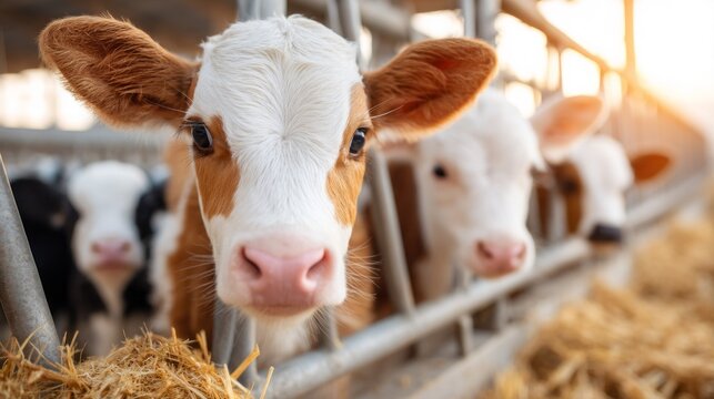 In a warm barn at sunset, young dairy calves are seen eagerly eating hay and grain. Their curious faces peek through the feeding barriers, enjoying their evening snack