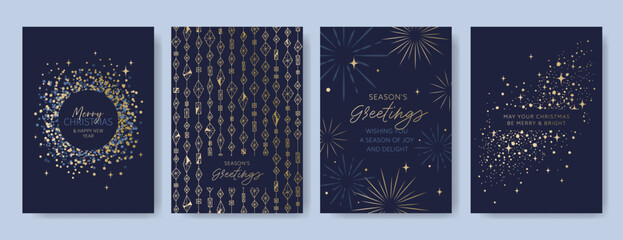 Set of four navy and gold Christmas and New Year greeting card templates with abstract sparkles, geometric ornaments, and starburst elements. Holiday season concept. Festive design for greeting card