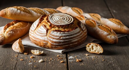 Artisan bread selection on rustic wooden background
