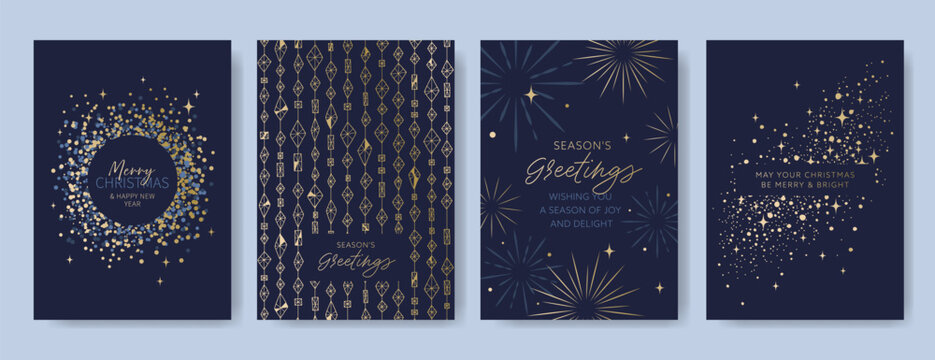 Set of four navy and gold Christmas and New Year greeting card templates with abstract sparkles, geometric ornaments, and starburst elements. Holiday season concept. Festive design for greeting card