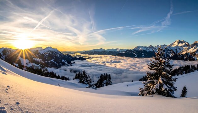 Snowy mountaintop view with sunlight beaming over distant peaks and clouds filling the valley below, under a blue sky