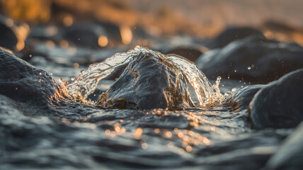 Ultra-detailed macro of water splashing on black volcanic rocks, silvery droplets mid-air, warm sunlight reflections, shallow depth, cinematic lighting, dramatic contrast, photorealistic nature scene.