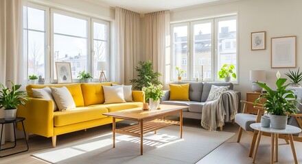 Bright modern living room with yellow and grey sofas, plants, and natural light fills the airy,